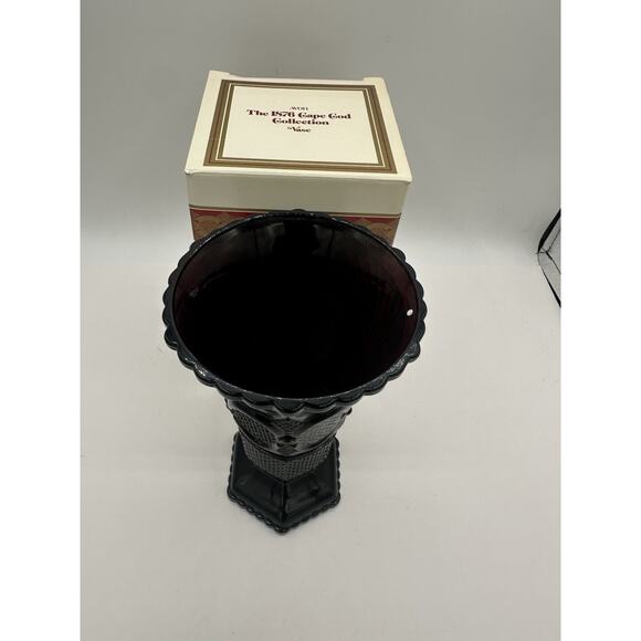Vintage Avon 1876 Cape Cod Collection Ruby Red Glass Footed Vase 8" new in box! - Picture 2 of 7